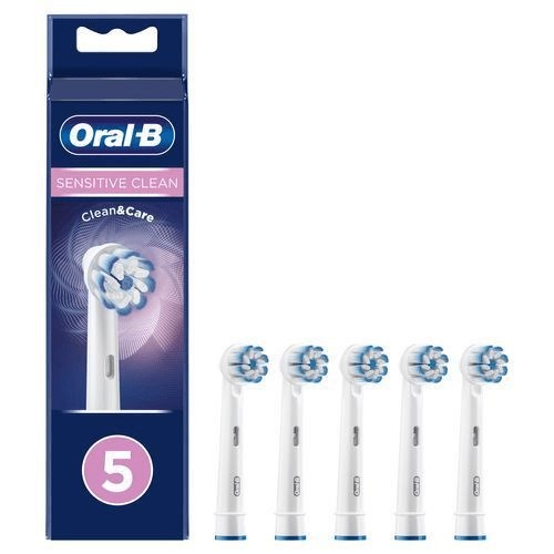 Kotelo, jossa on viisi Oral-B-hammasharjan pää, nimeltä Sensitive Clean. Viisi harjanpäätä on rivissä edessä.