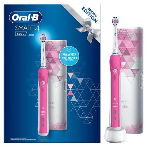 Roze elektrische tandenborstel met witte oplader en geometrisch doosje.