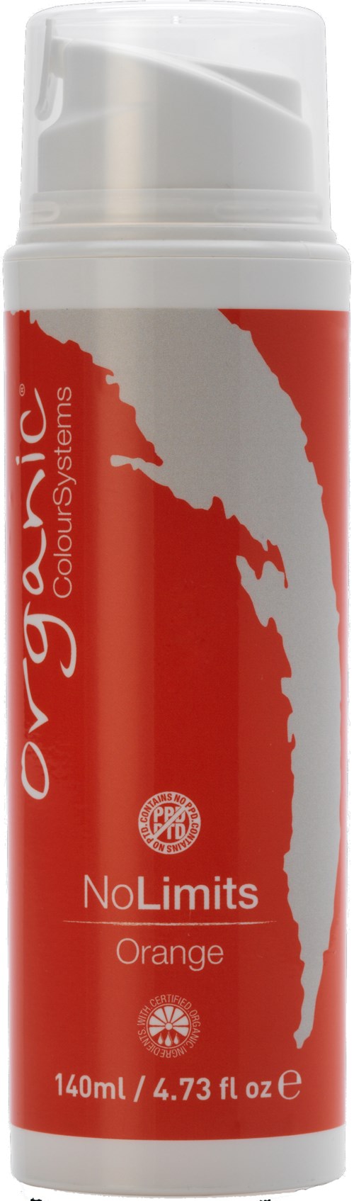 En röd och vit sprayflaska med hårspray märkt 'No Limits Orange' med en blad- eller flamdesign.
