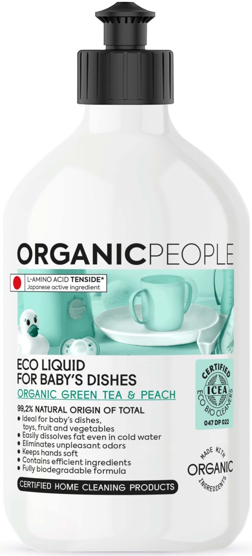 En klar flaske merket 'Organic People' inneholder miljøvennlig oppvaskmiddel med grønn te og fersken, egnet for babyer.