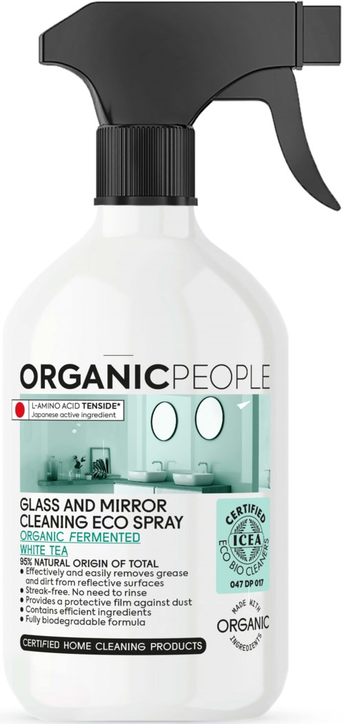 Biała butelka ze spryskiwaczem z czarnym nakrętkiem, oznaczona 'Organic People' do czyszczenia szyb i luster.