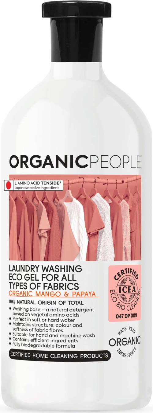 The label shows a white bottle with a black cap, claiming to be an organic laundry washing gel for all fabrics.