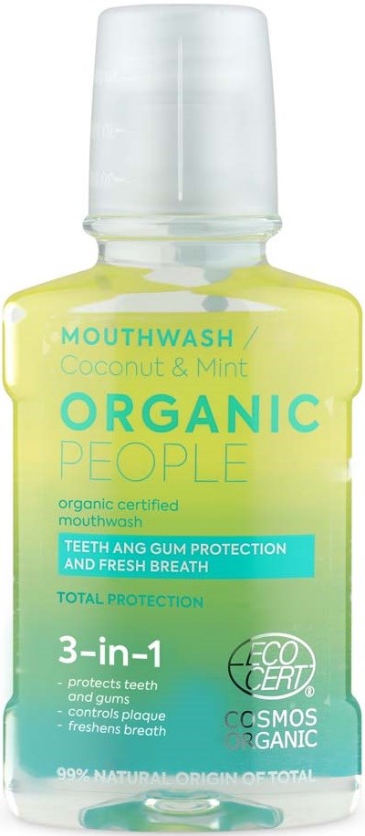 A yellow and white mouthwash bottle with labels about organic ingredients and teeth protection.