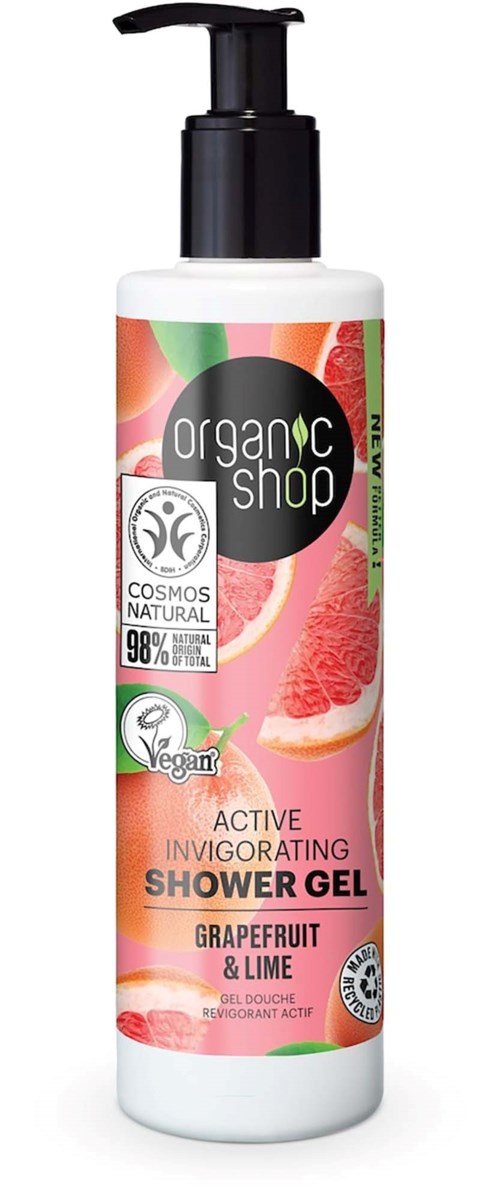 En vit flaska med pump, bilder av grapefrukt och lime, och etiketter för ekologisk, vegansk shower gel.