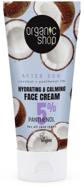Ett tub med ansiktskräm med kokosdesign, visar att den är för efter sol, återfuktande, lugnande, 5%, vegansk. Organic shop-logga.