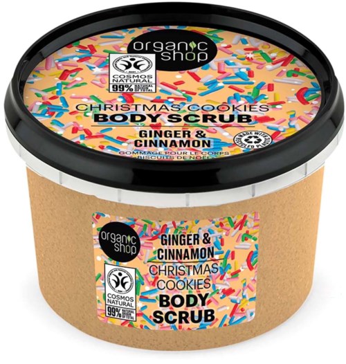 En burk med kroppsskrubb med ingefära och kanel julkakor, med färgglada strössel. Innehåller 99% naturprodukter.