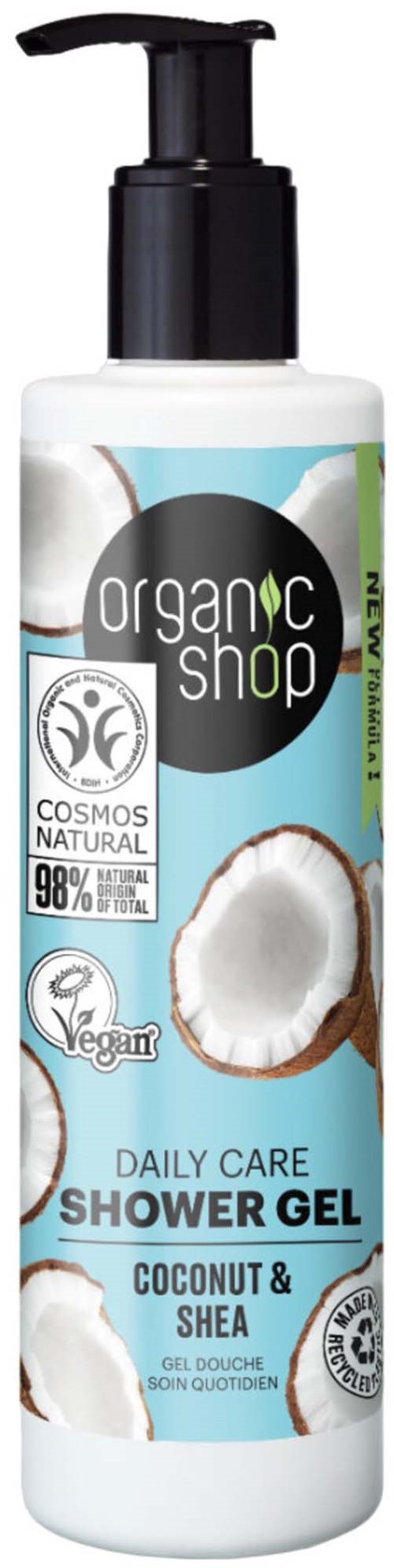 En vit flaska med pump, med kokos och shea för duschgelen, märkt som vegansk och naturlig, för daglig användning.