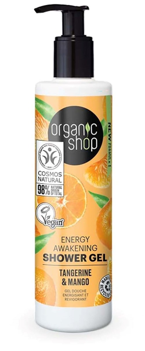 En hvit flaske med pumpe, merket 'Organic Shop', oransje og grønt design, inneholder tangerine og mango dusjsåpe.