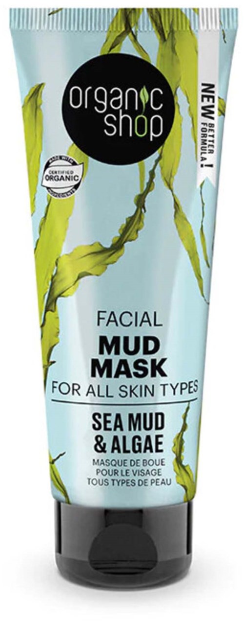 A tube of facial mud mask with sea mud and algae for all skin types, branded Organic Shop.