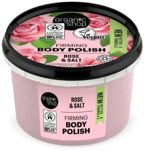 Pink container of firming rose and salt body polish from Organic Shop, with natural and vegan labels.
