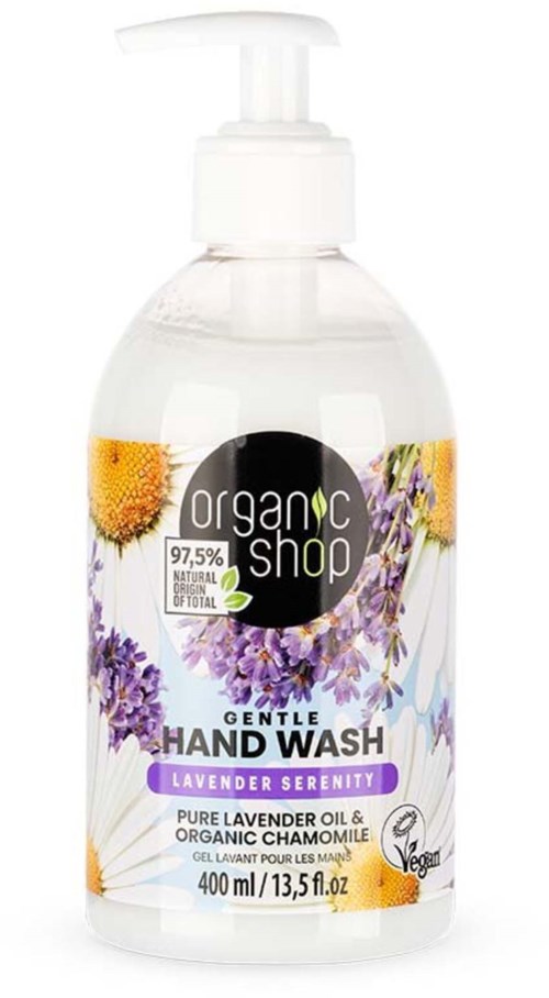 Selke pullo, jossa pumppu ja teksti 'Gentle Hand Wash' laventelilla, kamomillalla ja vegaanisymbolilla.