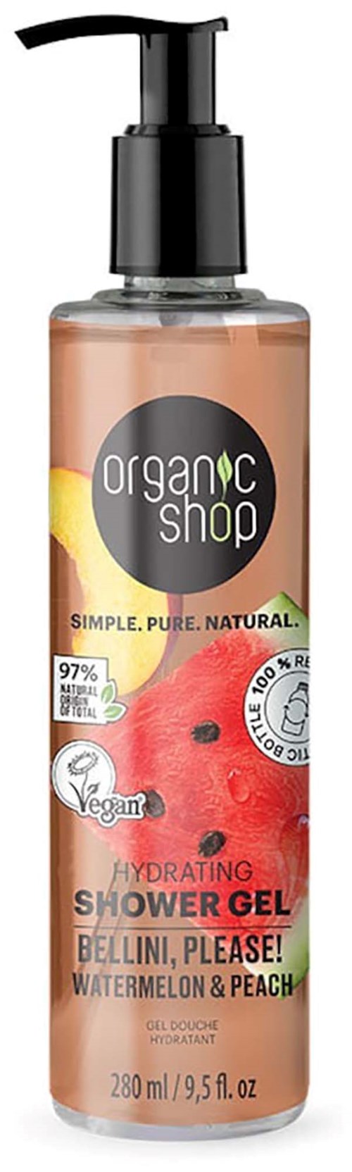 En flaska med fuktgivande duschgell med doft av persika och vattenmelon från Organic Shop, 280 ml, med pump.