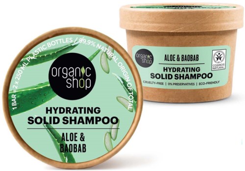 Round soap container with green label, aloe and baobab ingredients, and eco-friendly packaging. The product is hydrating solid shampoo.