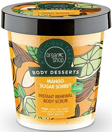 A container of body scrub labeled 'Mango Sugar Sorbet', with colorful illustrations of mangoes and leaves, and natural ingredients listed.