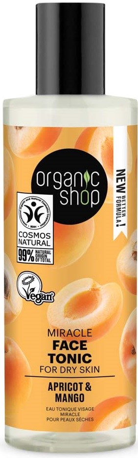 Pullo nimeltä 'Miracle Face Tonic' kuivalle iholle, aprikoosi ja mango kuvia. Vegaani- ja luonnollisuusmerkinnät etikettissä.