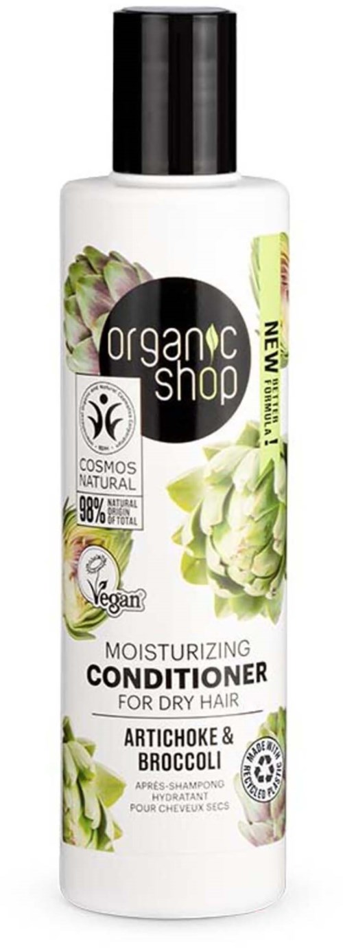 A white bottle labeled 'Organic Shop' with green artichoke and broccoli pictures, claiming to moisturize dry hair.