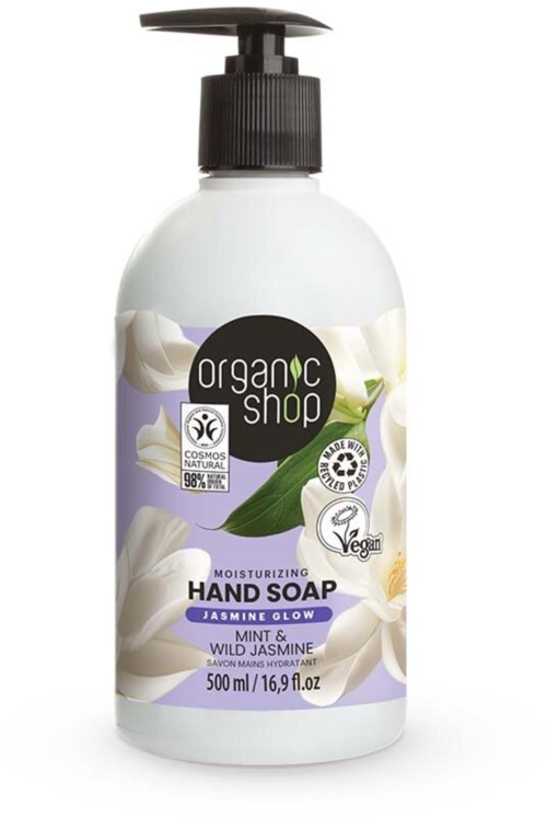 A white bottle with a black pump, labeled as organic hand soap with jasmine, mint, and wild jasmine scent.