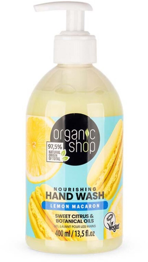En handtvålflaska med bilder av citron och banan, märkt som ekologisk, närande, doft av citronmakaron, 400 ml.