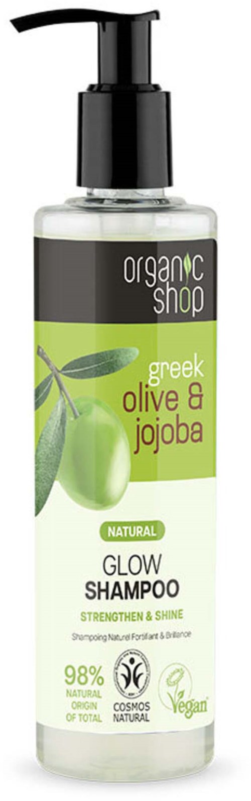 En tydlig flaska schampo med svart pump, märkt 'organic shop, Greek olive & jojoba, glow shampoo, vegan, natural, 98% natural.'