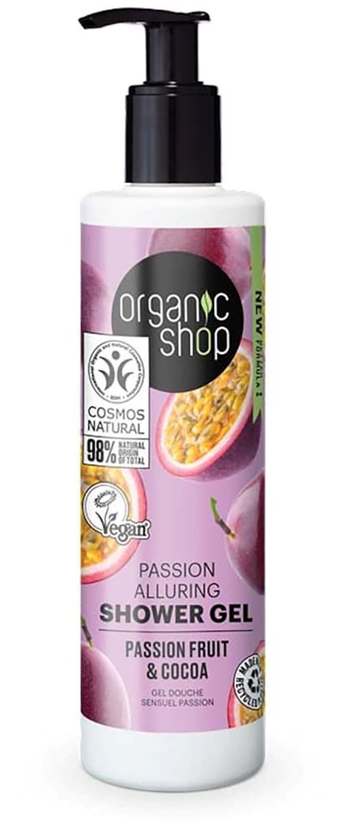 En hvit flaske med svart pumpe inneholder passionsfrukt og kakao dusjsåpe, merket som vegansk og naturlig.