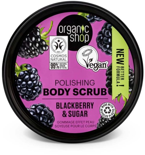 Ett runt förpackning av svartbärs- och socker kroppsskrubb med ekologiska och veganska etiketter samt lila och grönt design.