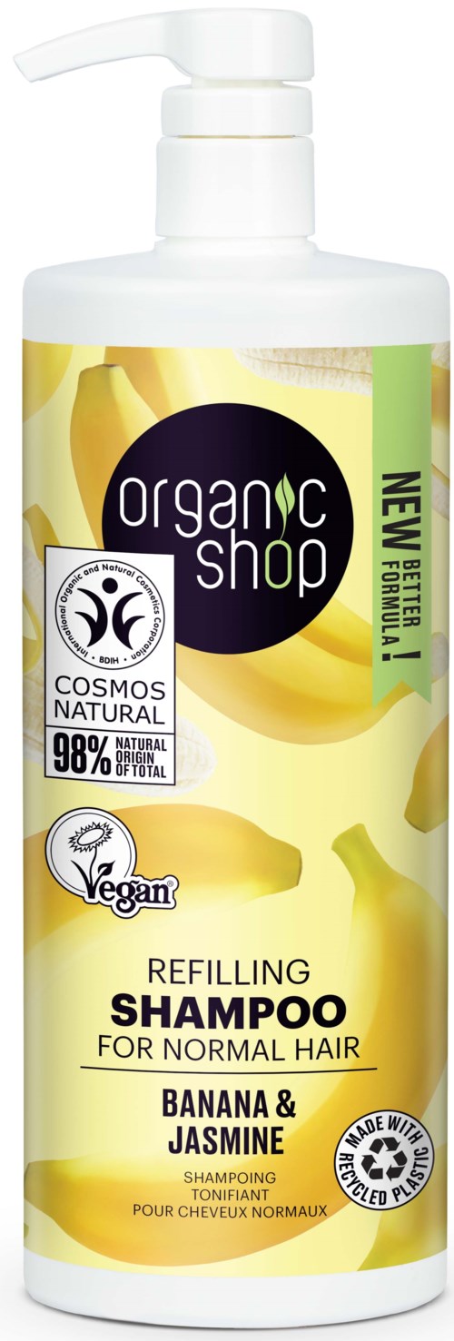 A white bottle with a pump, labeled 'Organic Shop' banana and jasmine shampoo for normal hair, naturally made.