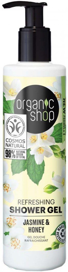 En vit flaska med pump visar Organic Shop duschgel med jasmin och honung doft.