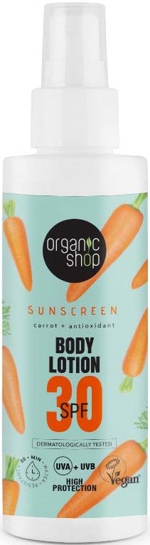En flaske med økologisk kroppslotion med gulrotsmak, SPF 30, for hudbeskyttelse, vegansk, og dermatologisk testet.