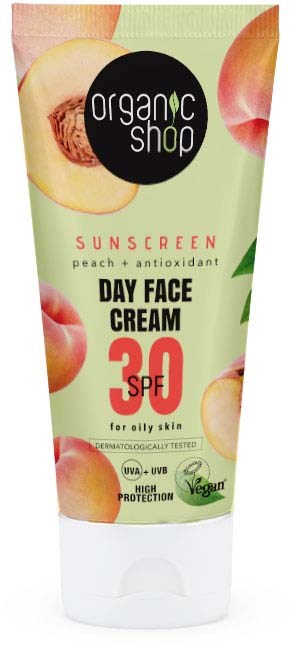 En tub med ekologisk ansiktskräm med persikosmak, SPF 30, för oljig hud, märkt som vegansk och med högt skydd.