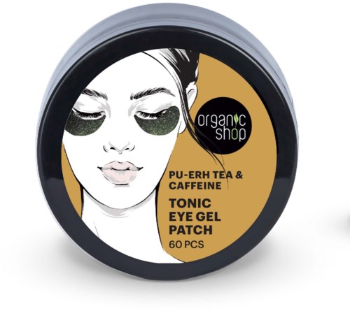 A round container with a woman's face illustration, black eye patches, and text about eye gel patches for caffeine and tea.
