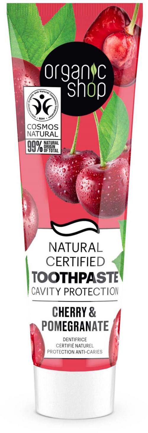 Tannkrem med smak av kirsebær og granateple med naturlige ingredienser og hull i tennene beskyttelse.