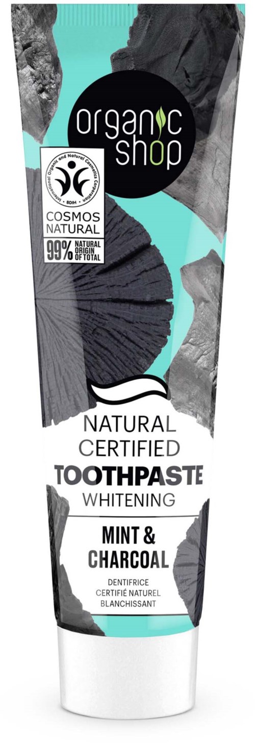 Tuben med naturlig, sertifisert whitening tannkrem med mint og aktivt kull, miljøvennlig og 99% naturlige ingredienser.