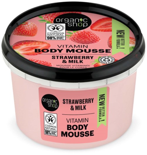 A pink body mousse container with strawberry images and labels for vitamin body mousse and organic shop.