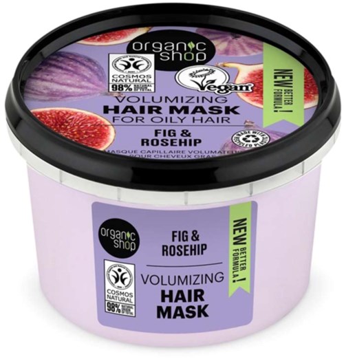 Lilla beholder med illustrasjon avfigg og rosehip; etiketter viser at det er en hårmaske for fett hår, vegansk og naturlige ingredienser.