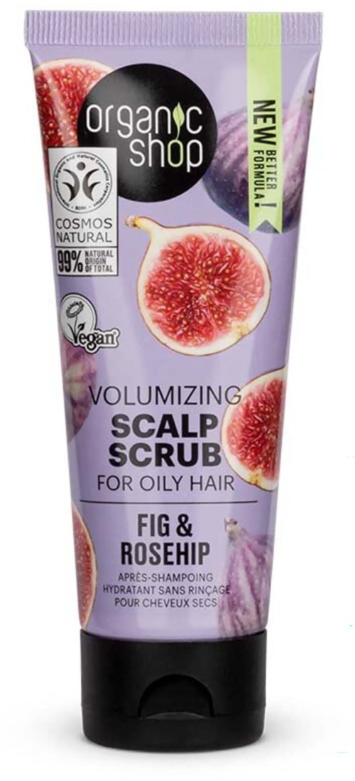 Fargerik tube med hodebunnsskrubb med fikenkornen og rosenkall, merket for oljete hår, vegansk, naturlige ingredienser, og nytt.