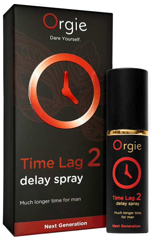 Musta laatikko ja suihkepullo, joissa lukee 'Time Lag 2 delay spray' ja kello sekä teksti pidemmästä ajasta.