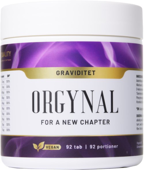 En vit behållare med lila och guld etikett, text säger 'ORGYNAL' och 'för ett nytt kapitel', vegansk, 92 tabletter.