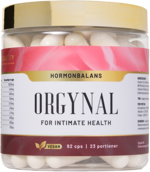 En burk med vita tabletter märkt 'ORGyNAL' för hälsa, innehållande 92 kapslar, vegansk, utformat för hormonbalans.