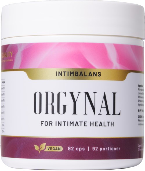En vit behållare med rosa och gyllene etikett, visar märket 'ORGINAL' för intim hälsa, vegan, 92 kapslar.