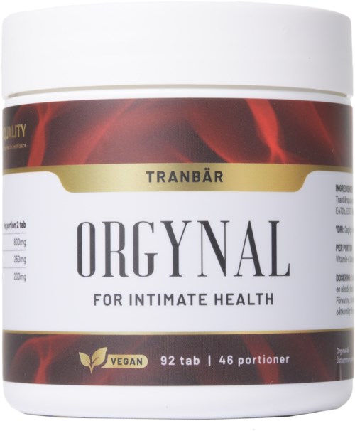 En behållare märkt "OrgyNal" för intim hälsa, med vegansk och körsbärssmak, innehållande 92 tabletter för 46 portioner.