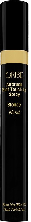 En lång svart sprayflaska med gulddetaljer, märkt Oribe Blonde Root Touch-Up Spray, för hår.