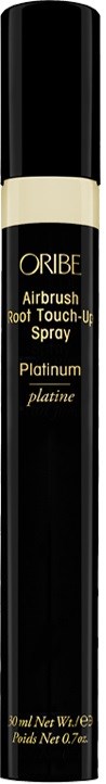 En svart sprayburk med gul och vit text för hårprodukt som heter Oribe Airbrush Root Touch-Up Spray, platina nyans.