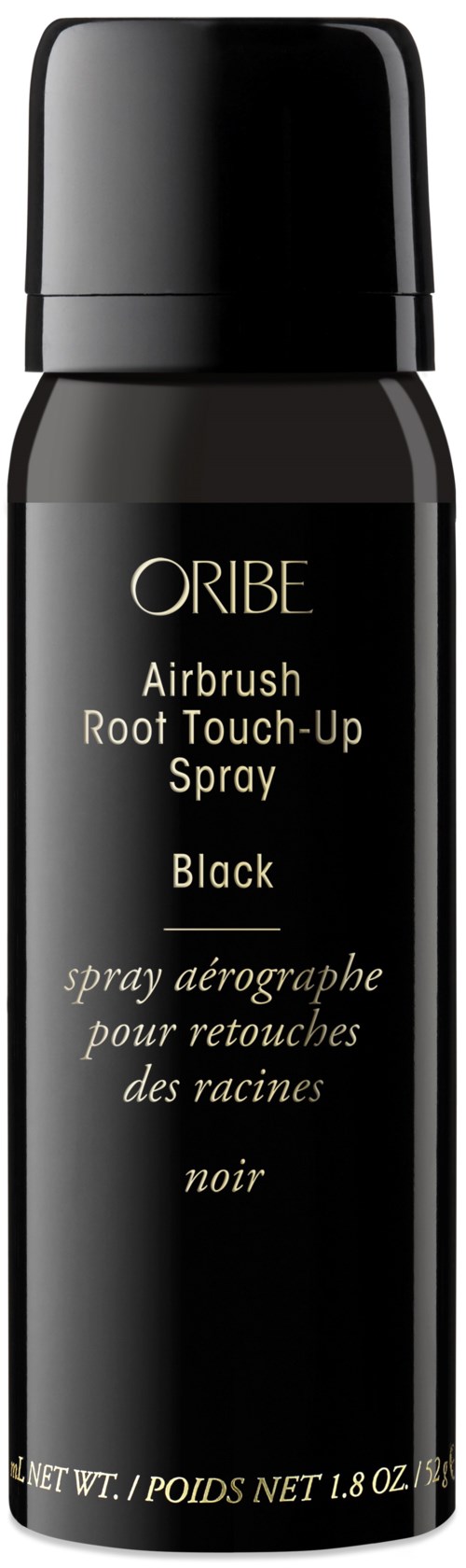 En svart sprayflaska med guld- och vitt text för hårkorrigering, kallad Oribe Airbrush Root Touch-Up Spray Black.