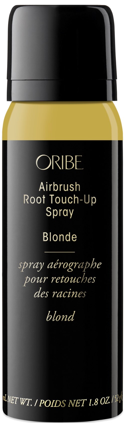 En flaska med Oribe Airbrush Root Touch-Up Spray i blondfärg med svart lock och etikett.