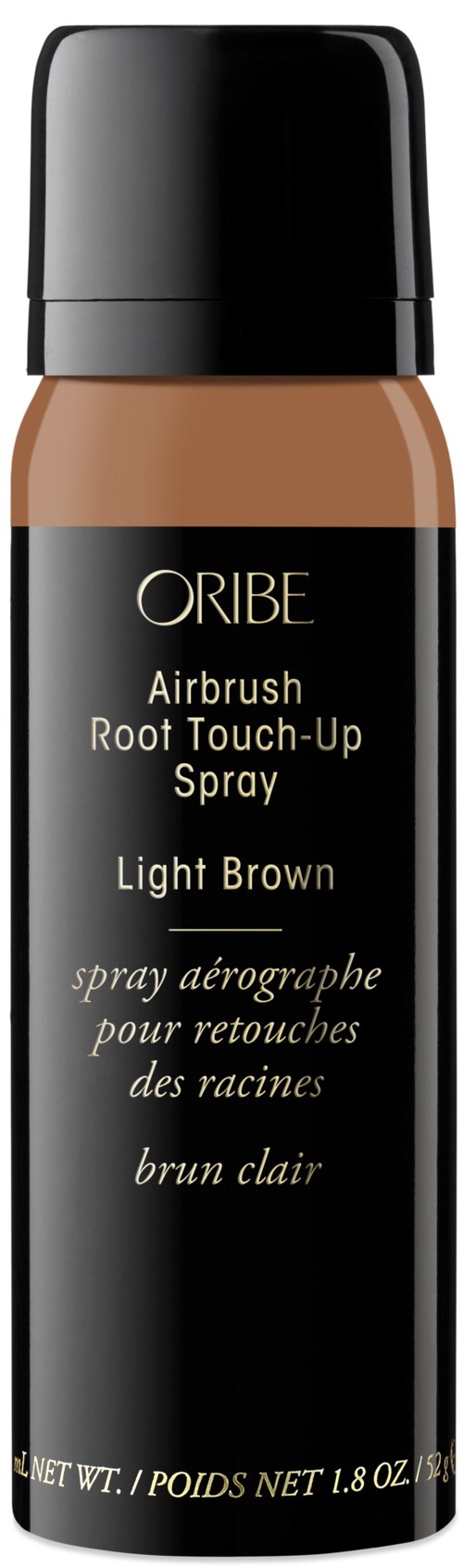 En sprayflaska med svart lock och svart etikett, kallad Oribe Airbrush Root Touch-Up Spray i ljusbrun.