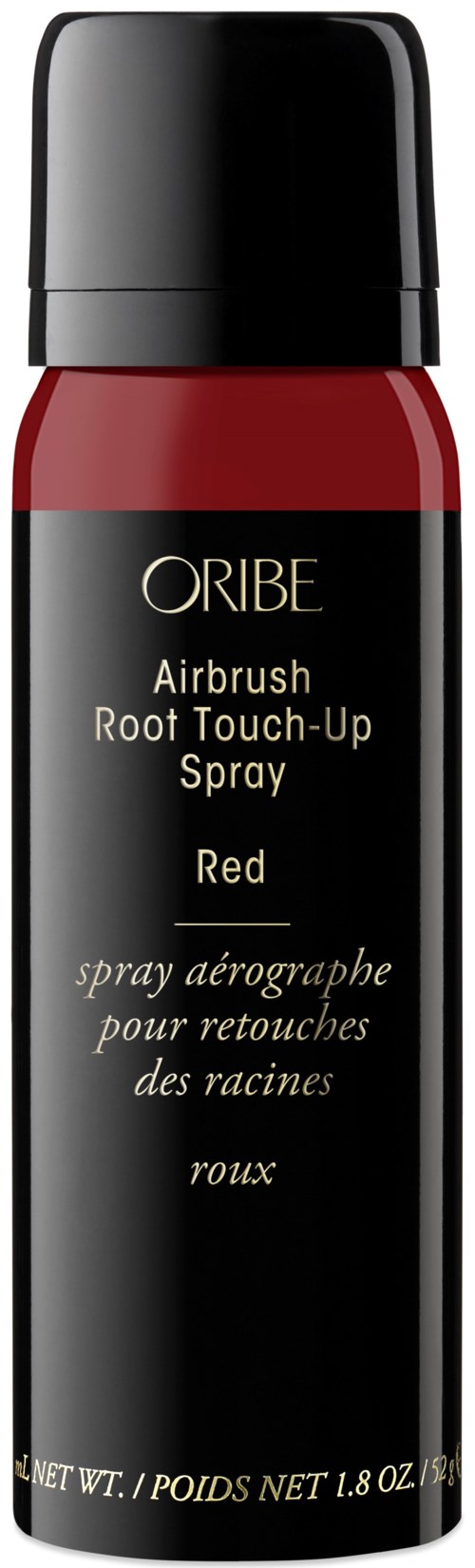 En röd sprayburk med svart lock märkt 'Oribe Airbrush Root Touch-Up Spray, Red.'