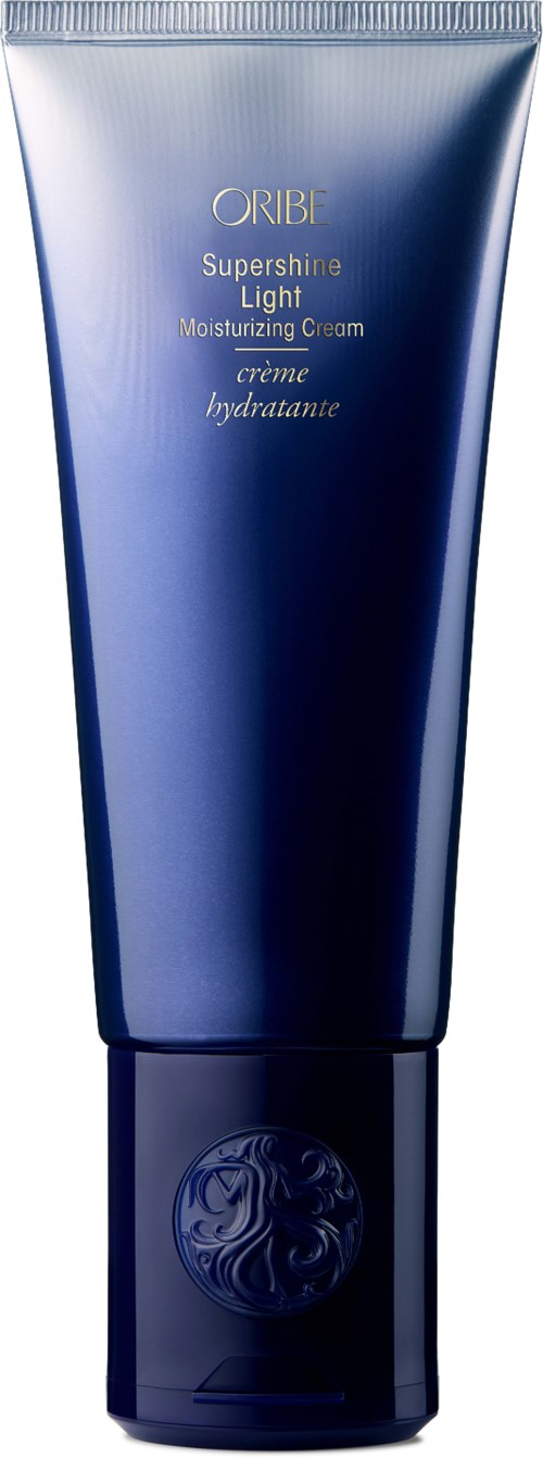 Blå tub med Oribi Supershine Light Moisturizing Cream, enkel och elegant design.