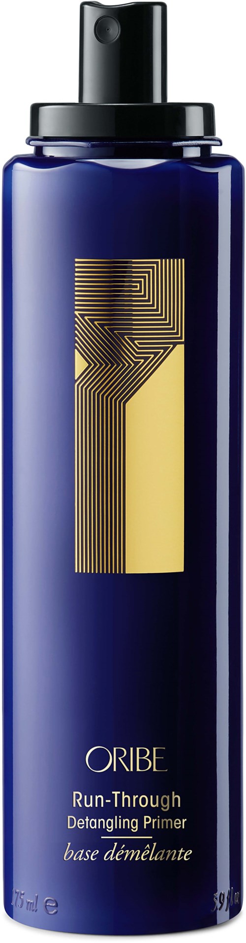 A tall, dark blue bottle with a black spray top and a gold design label. It is a hair primer product.