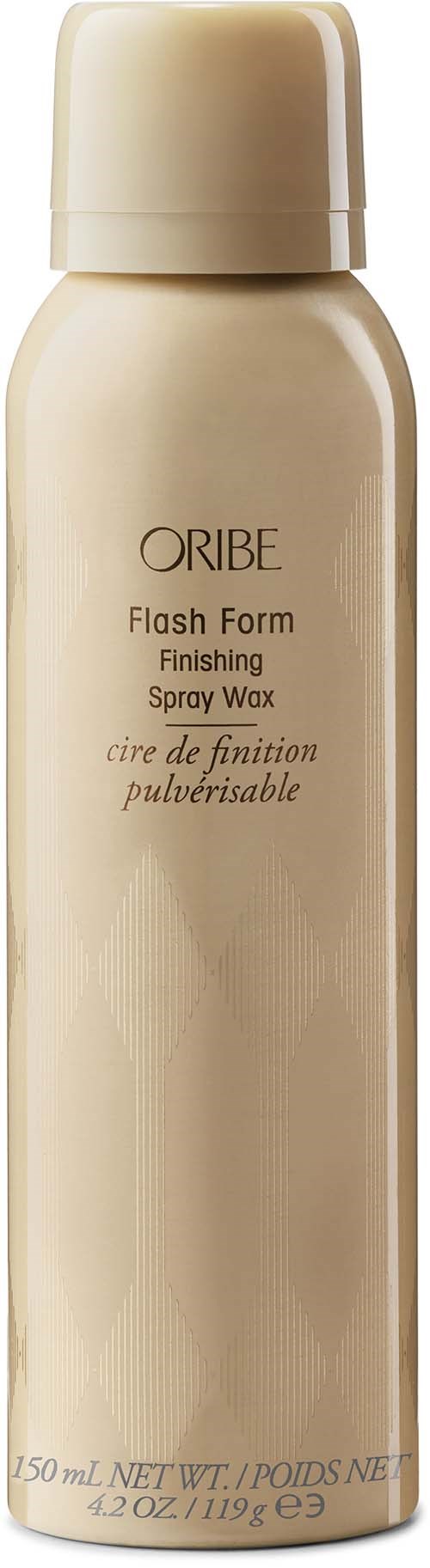 En beige sprayflaska märkt Oribe Flash Form Finishing Spray Wax, 150 ml volym.