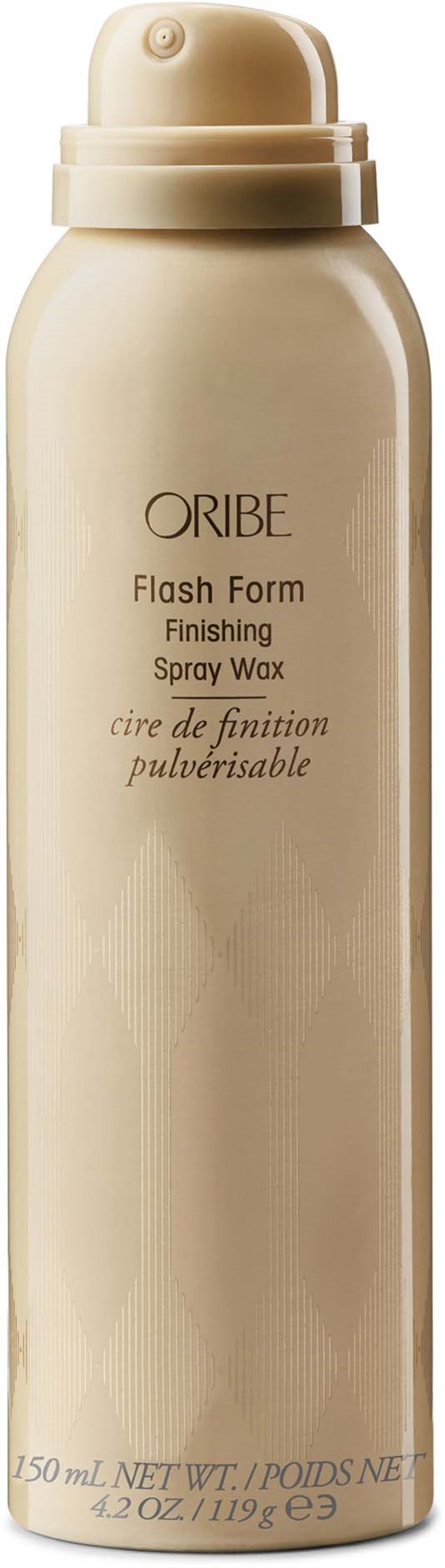 En lång, beige sprayburk med rundad lock, märkt "Oribe Flash Form Finishing Spray Wax."